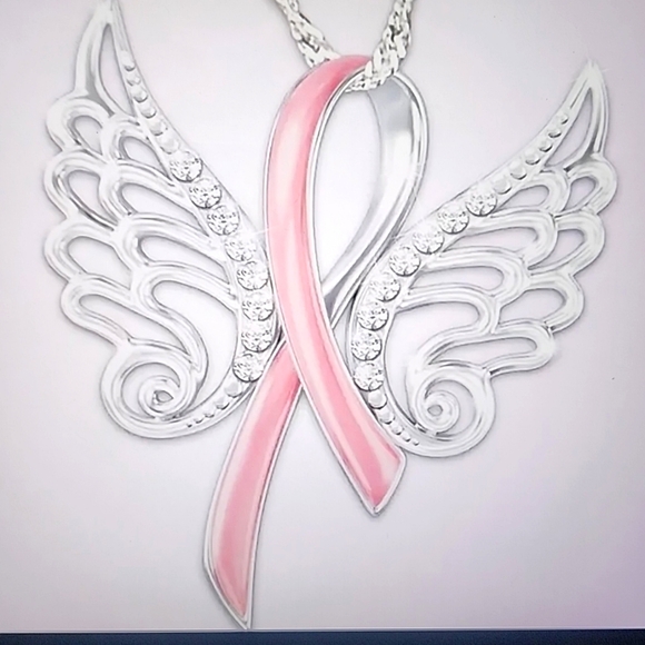 Angel Wings Cancer Ribbon Necklace - Picture 1 of 4